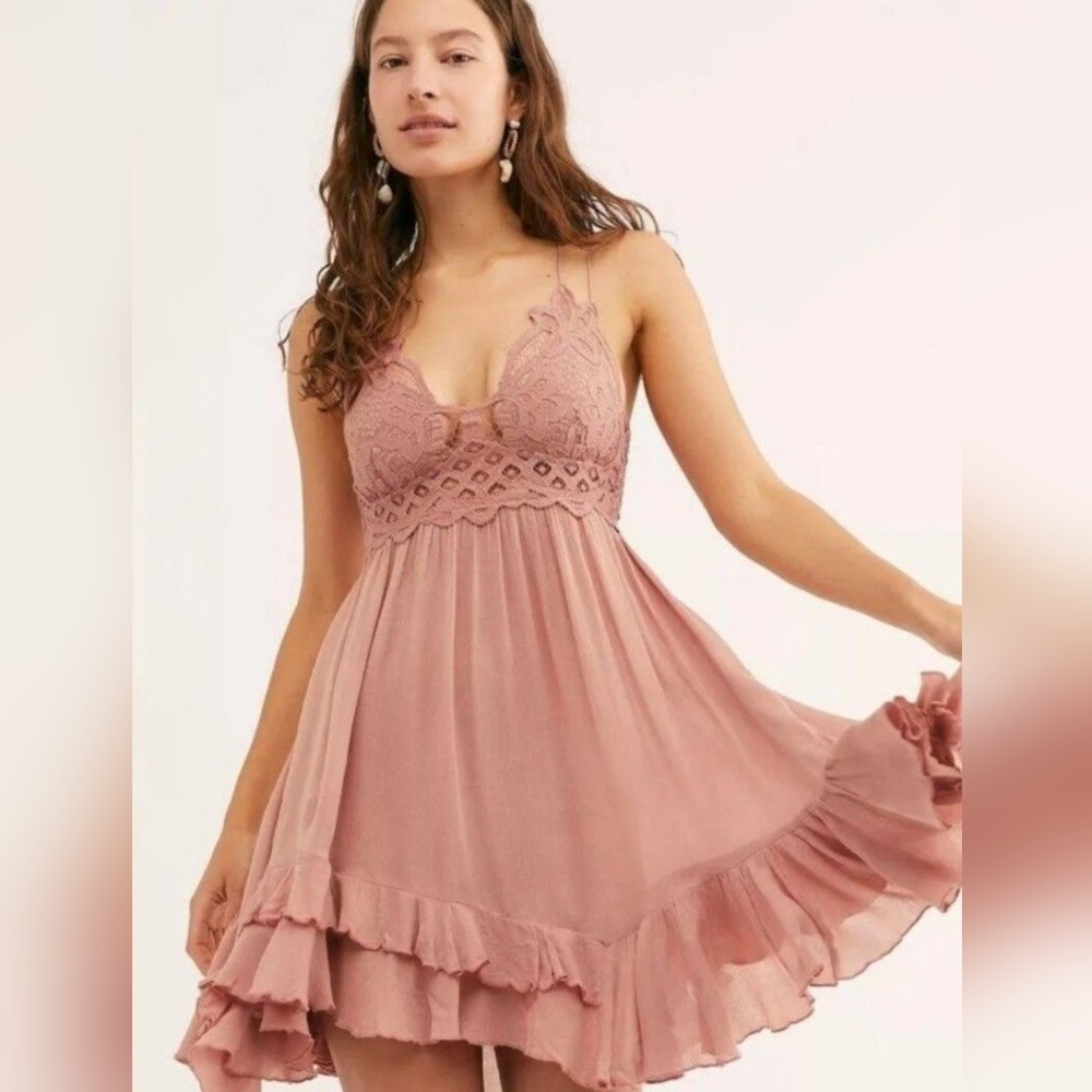 Free People Adella Dusty Pink Mini Dress- Next Day Shipping